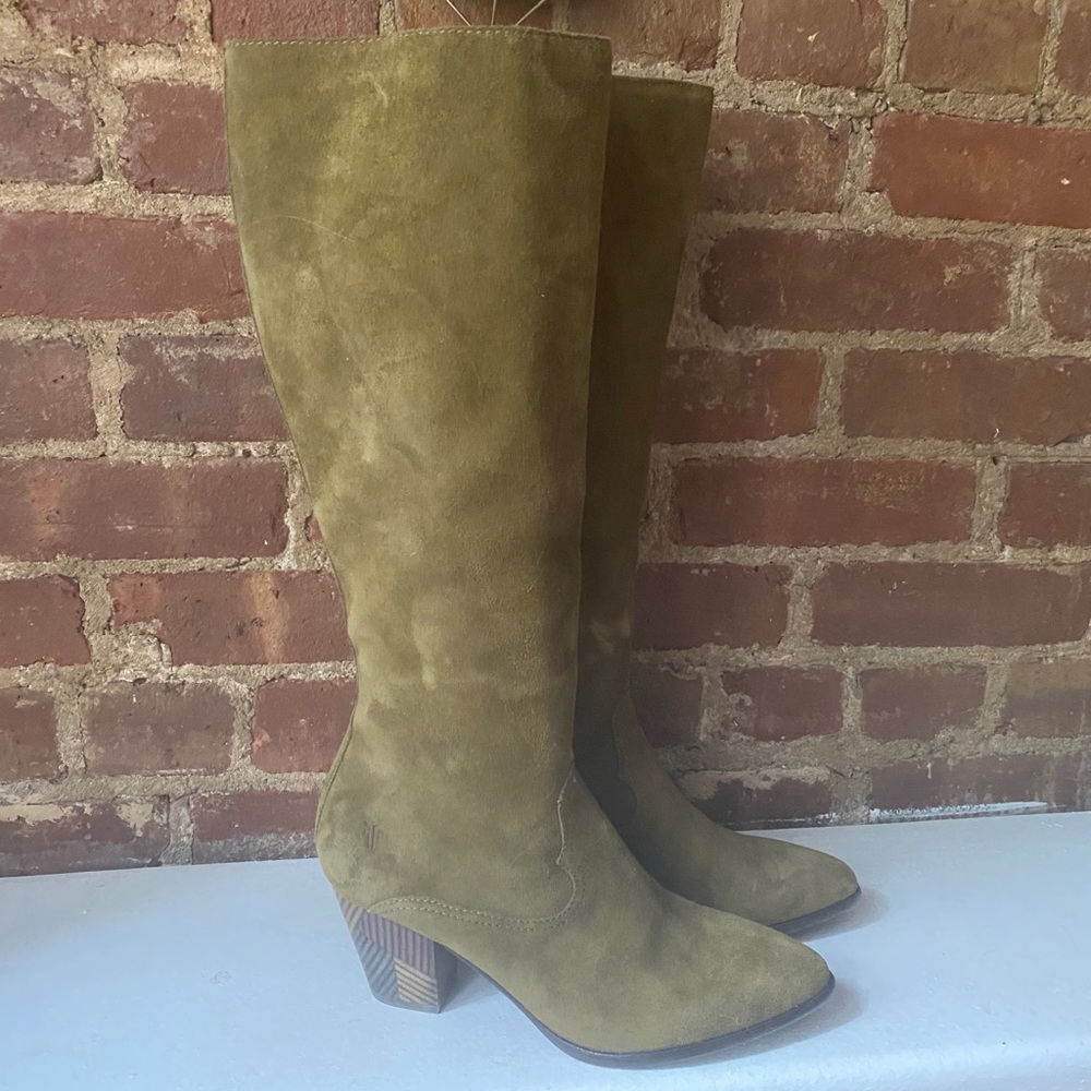 Frye Olive Green Suede Knee-High Heeled Boots